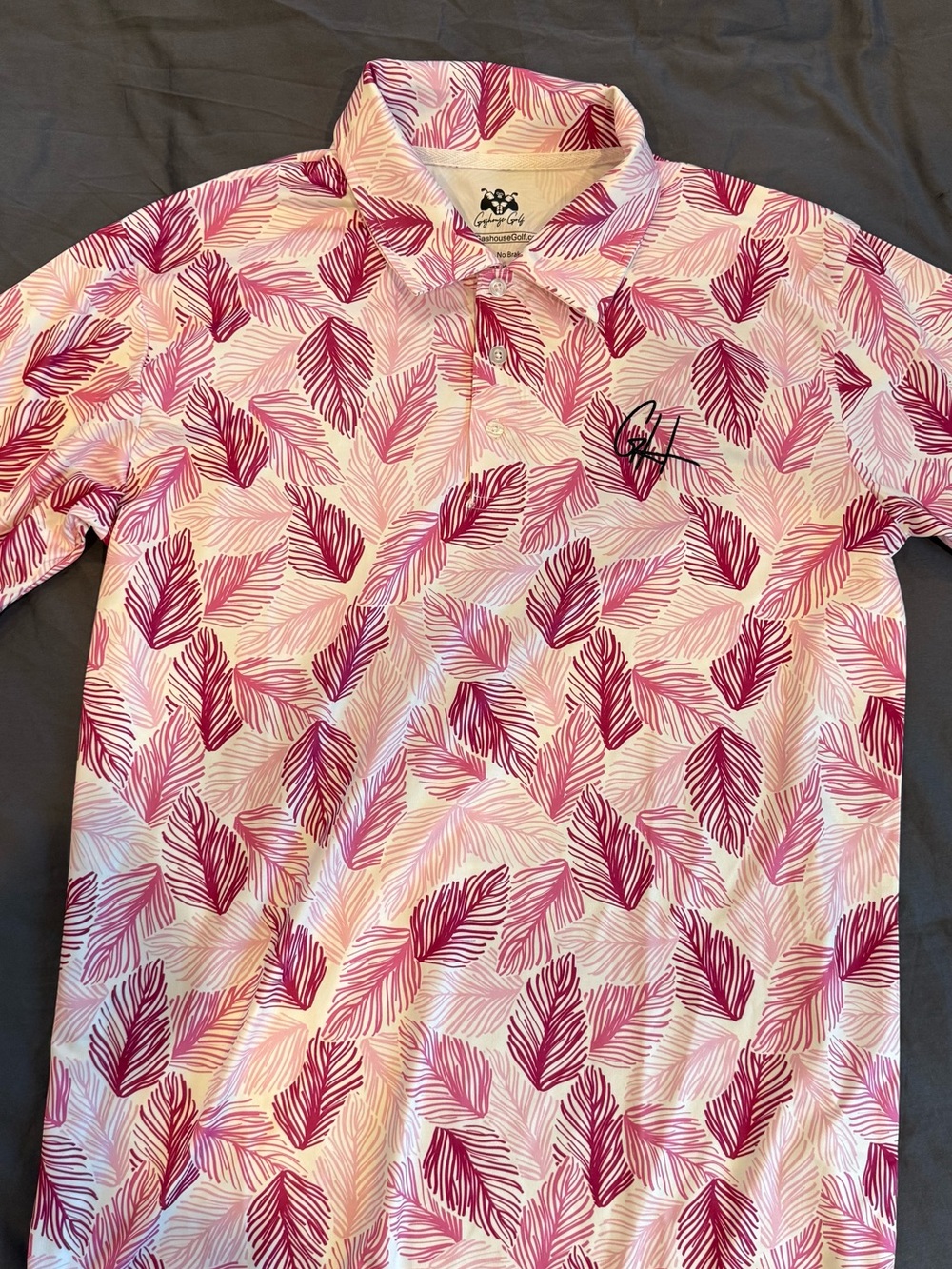Men's Pink Leaf-Print Golf Polo Shirt with Signature Chest Detail